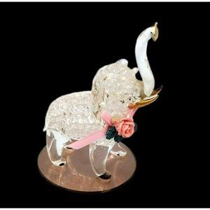 Glass Art Elephant with Pink Rose, Ribbon Figurine, 3.75 Inch, 22K Gold Accents